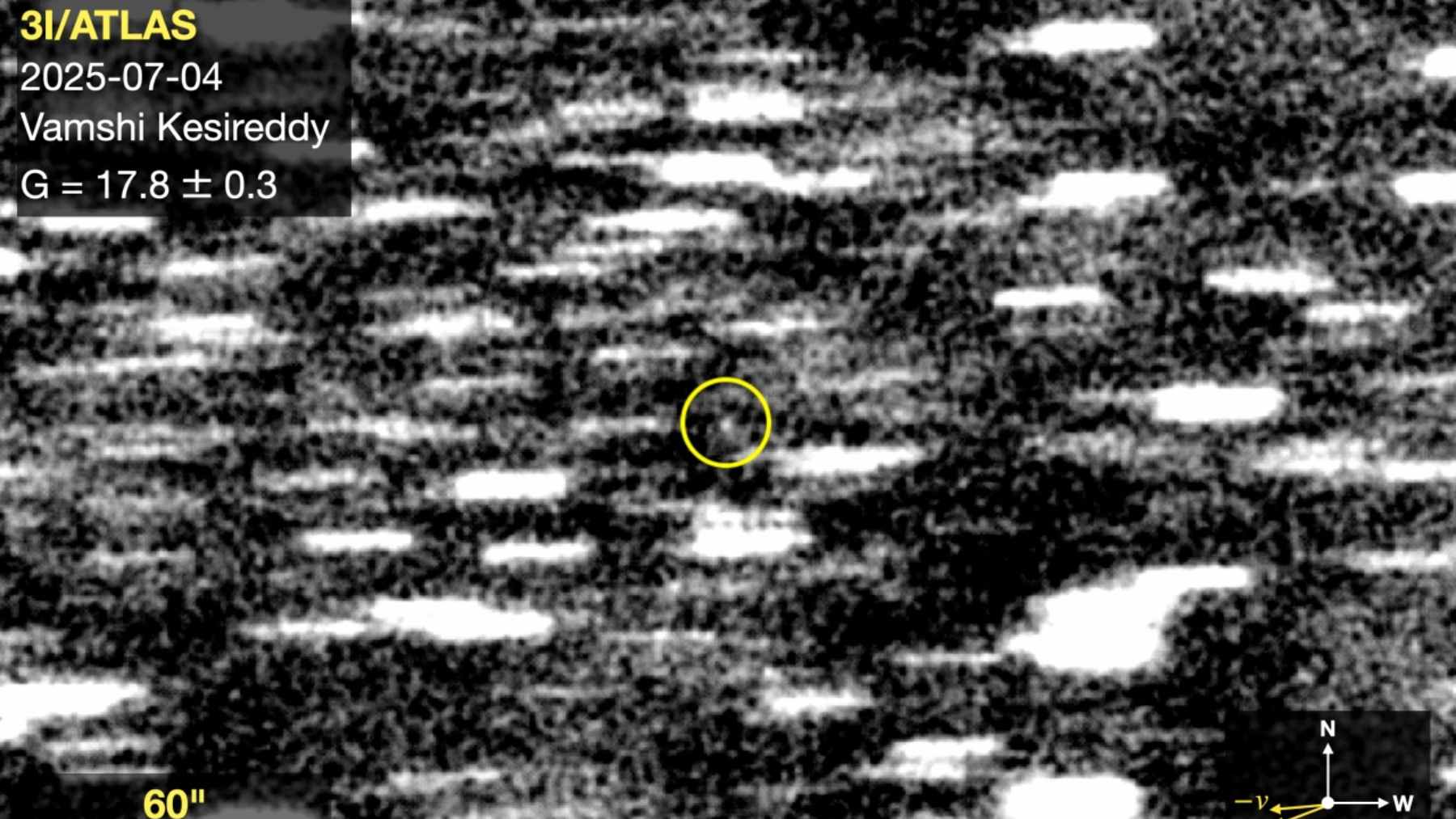 A telescope view of the interstellar comet 3I/ATLAS glowing with a distinct coma as it travels through the solar system.