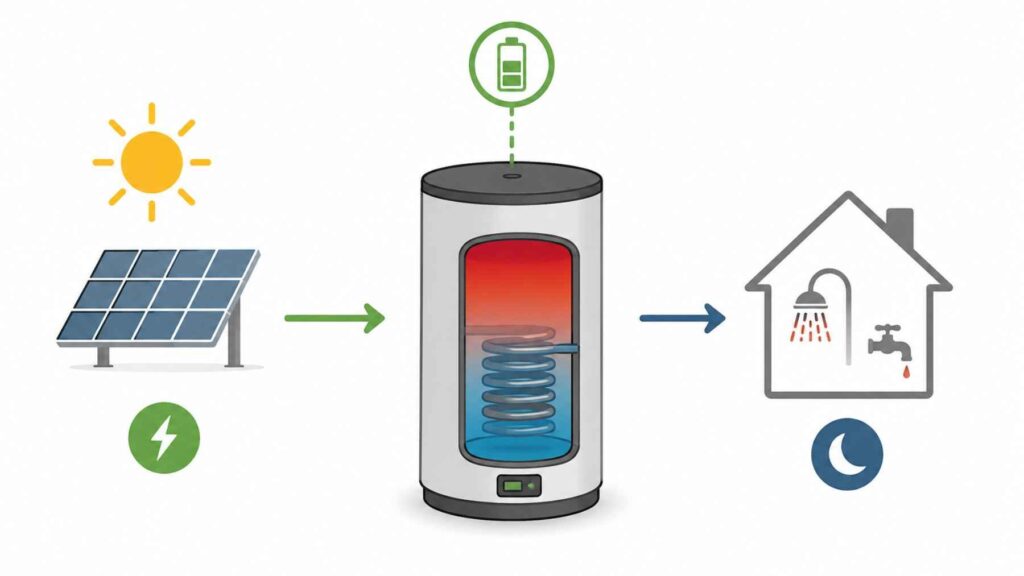 Diagrama sencillo que muestra un panel solar cargando un termo eléctrico al mediodía y la casa usando agua caliente por la noche.