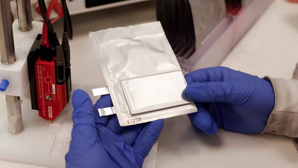 Prototype sodium-metal pouch battery used to evaluate fast charging performance and cycling stability.
