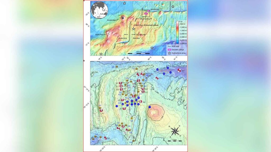 Bathymetric maps showing the Southeast Indian Ridge and the underwater rifting area where scientists recorded the formation of new oceanic crust in 2024.