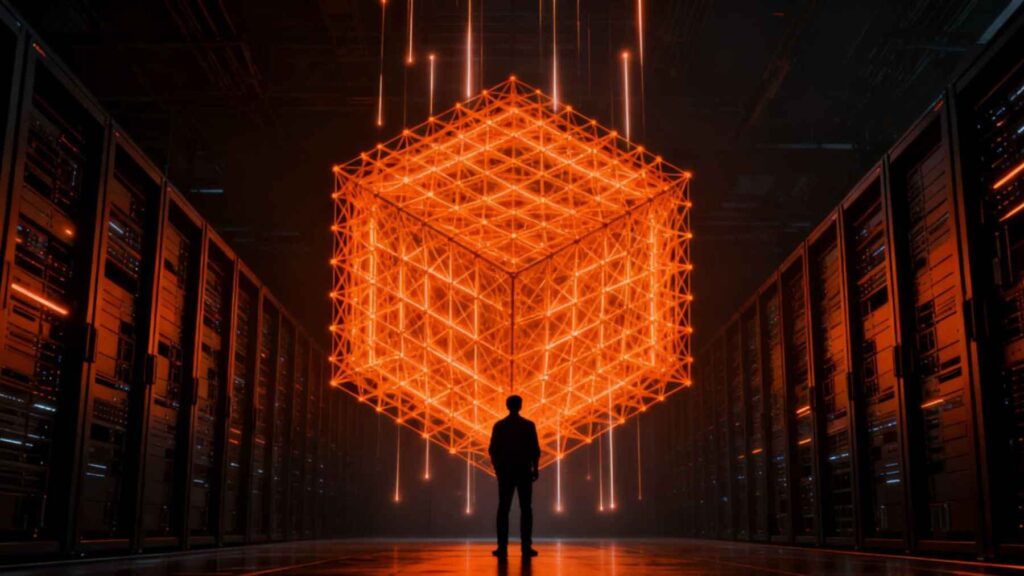 Conceptual illustration of an AI data center with a glowing neural network cube representing Subquadratic's energy-efficient sparse attention technology.