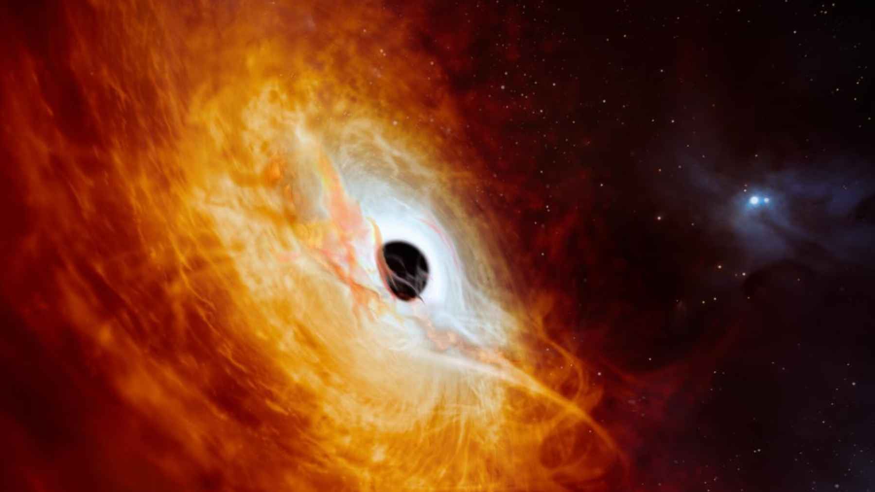 Artist's illustration of a supermassive black hole surrounded by a glowing accretion disk, representing research into dark matter concentrations.