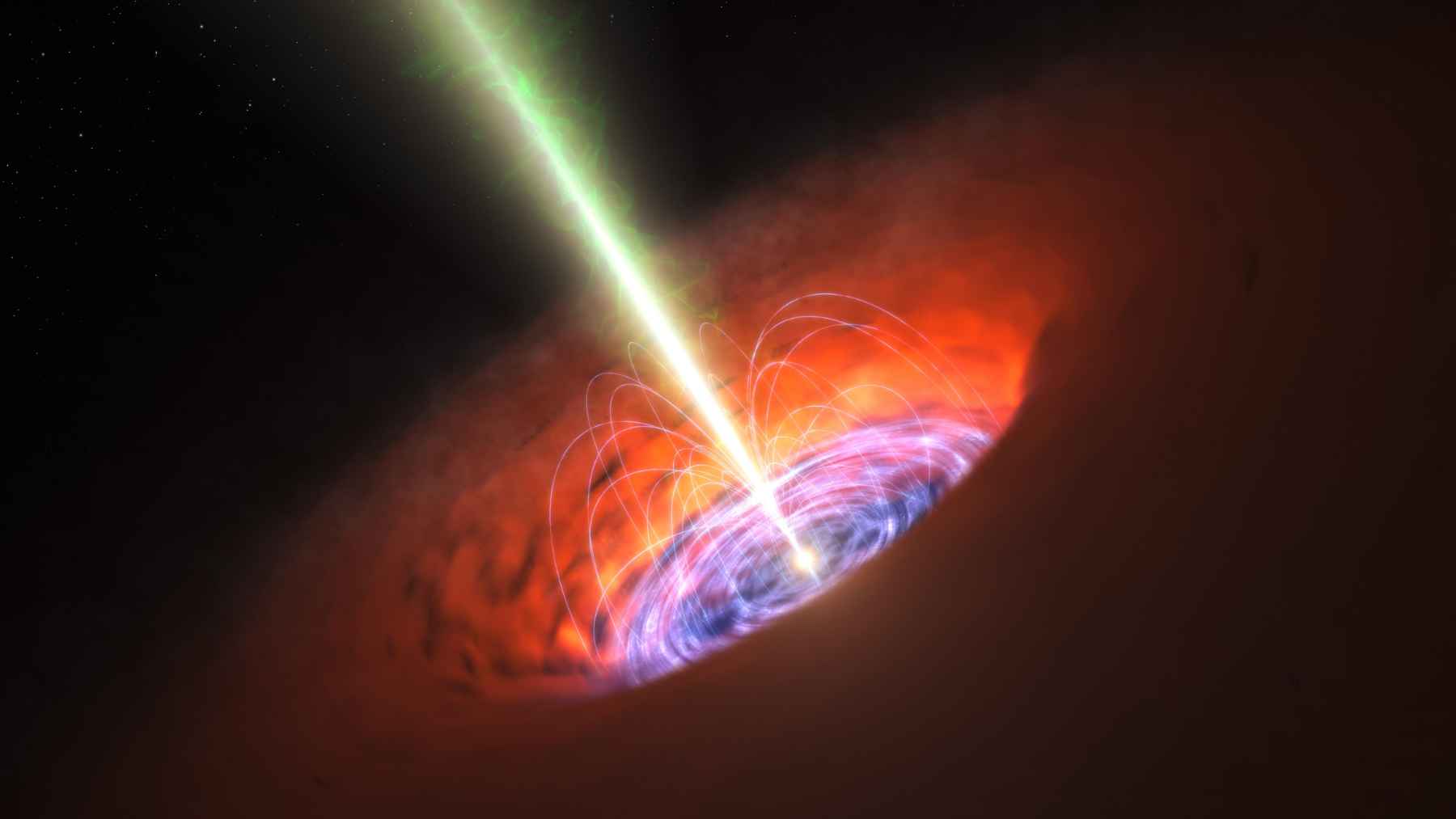 Artist's illustration of a supermassive black hole surrounded by glowing gas, used to explain echo mapping and the search for dark matter.