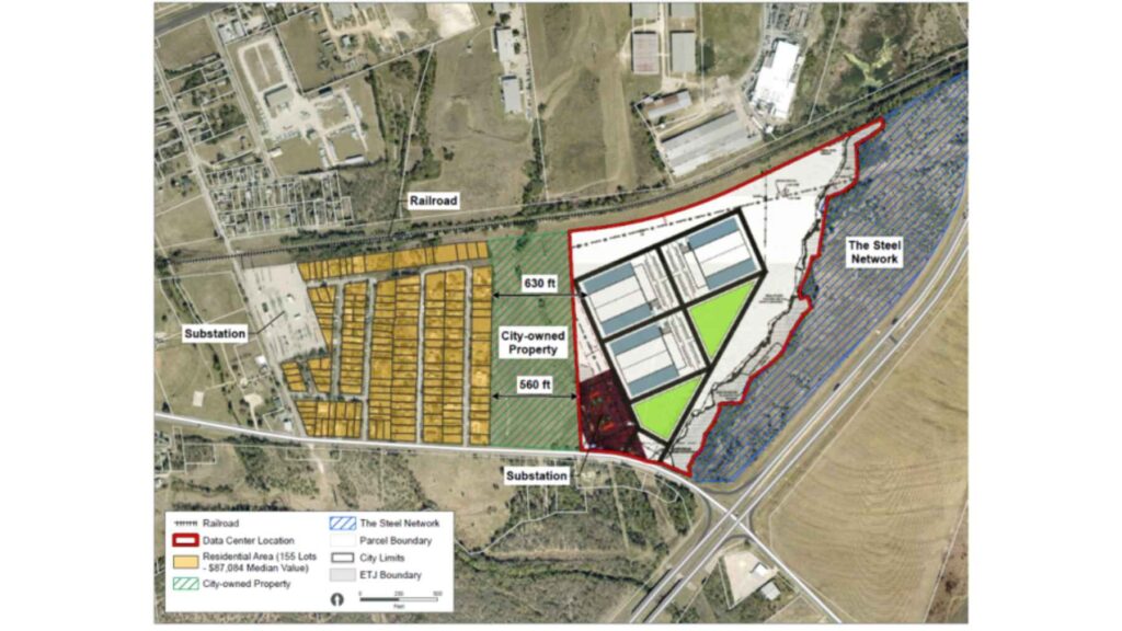 Map showing the proposed Blueprint Projects data center site in Taylor, Texas, next to residential neighborhoods, city-owned land, and nearby substations.
