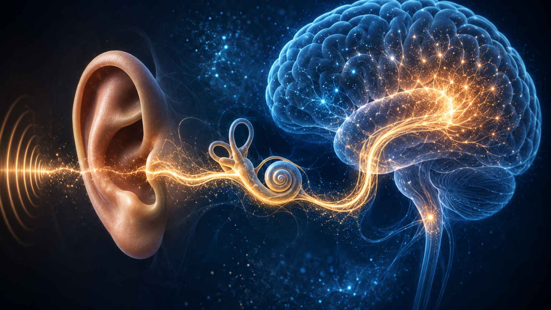 Illustration of an ear connected to the brain by glowing neural signals, representing tinnitus and hearing-related brain activity.