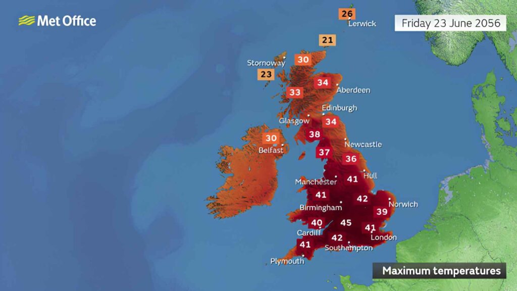 Map of the United Kingdom showing extreme projected temperatures during a 2056 heatwave scenario by the Met Office