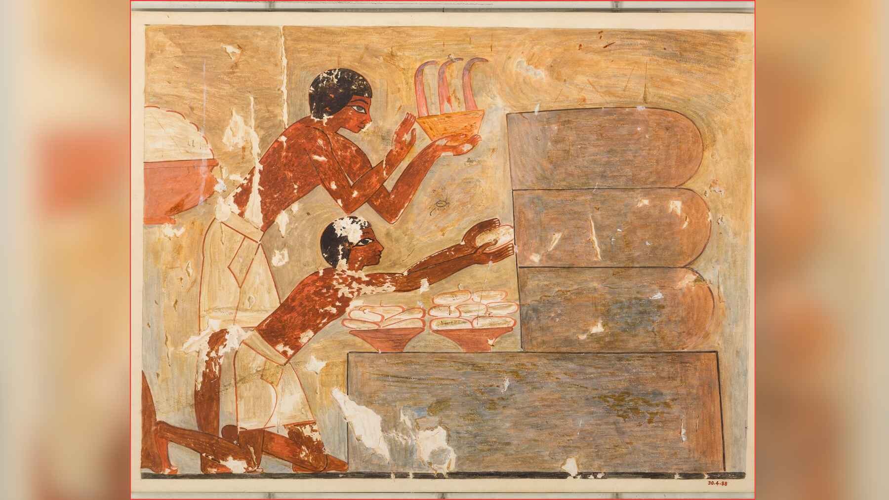 Ancient Egyptian scene showing workers processing honey beside stacked beehives.