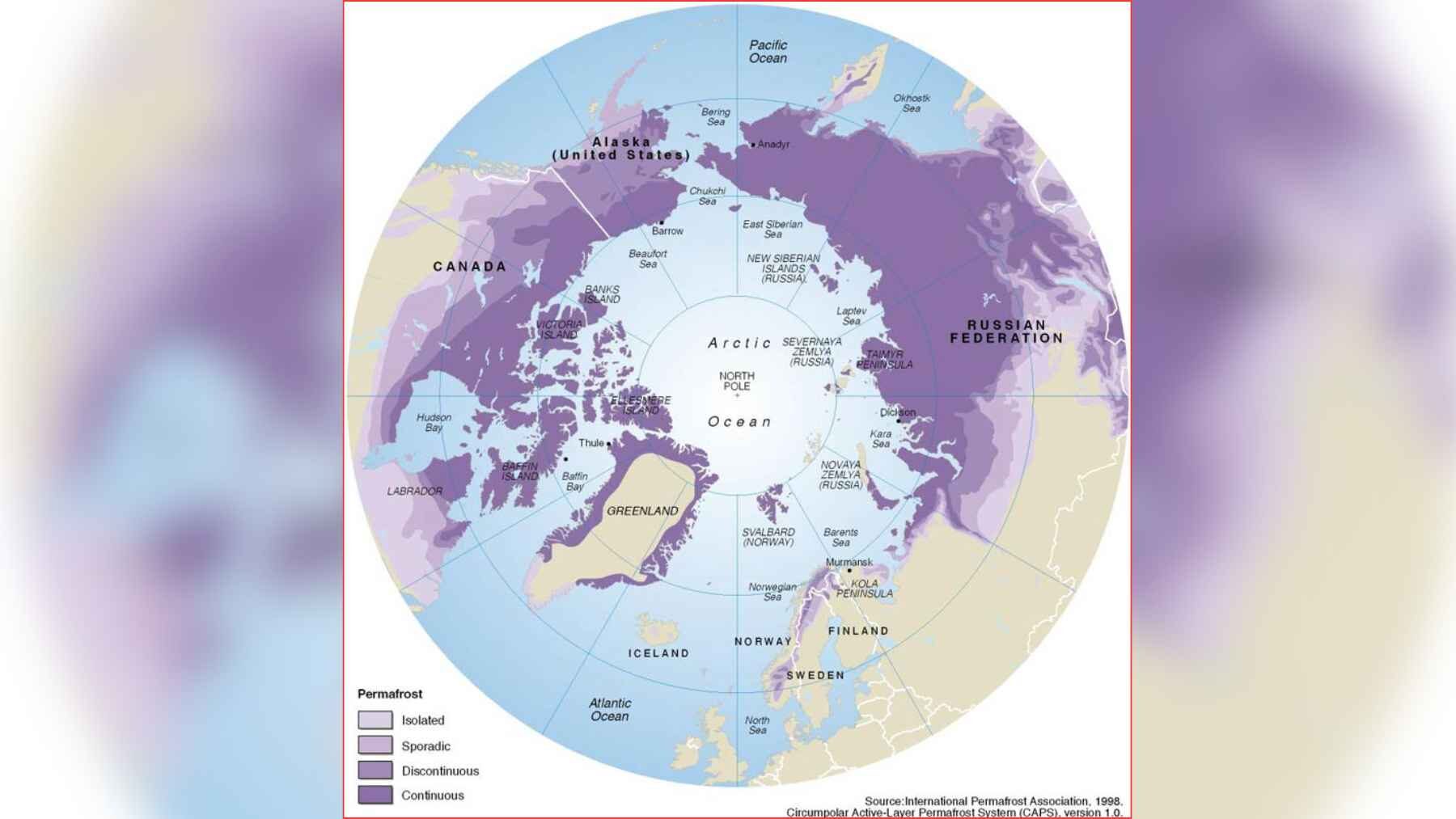 Map showing the distribution of continuous, discontinuous, sporadic, and isolated permafrost across the Arctic.