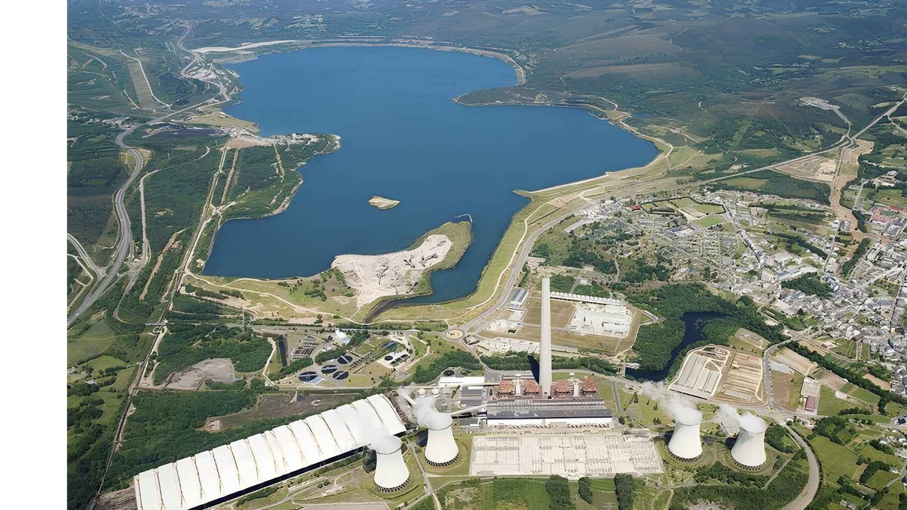 Aerial view of As Pontes lake beside the power plant and the town of As Pontes in Galicia, Spain.