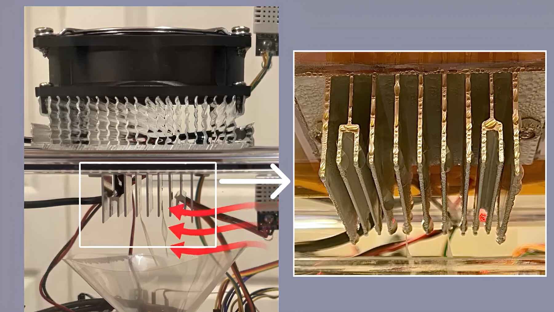 Close-up of condenser fins and funnel in a student-built atmospheric water generator prototype
