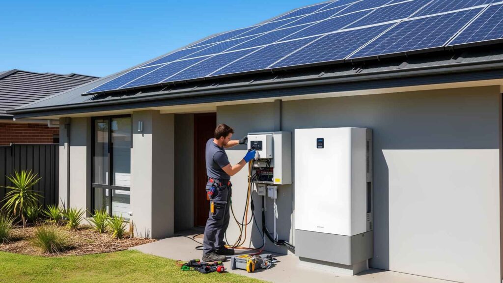 Technician installing a residential battery system beneath rooftop solar panels at an Australian home.