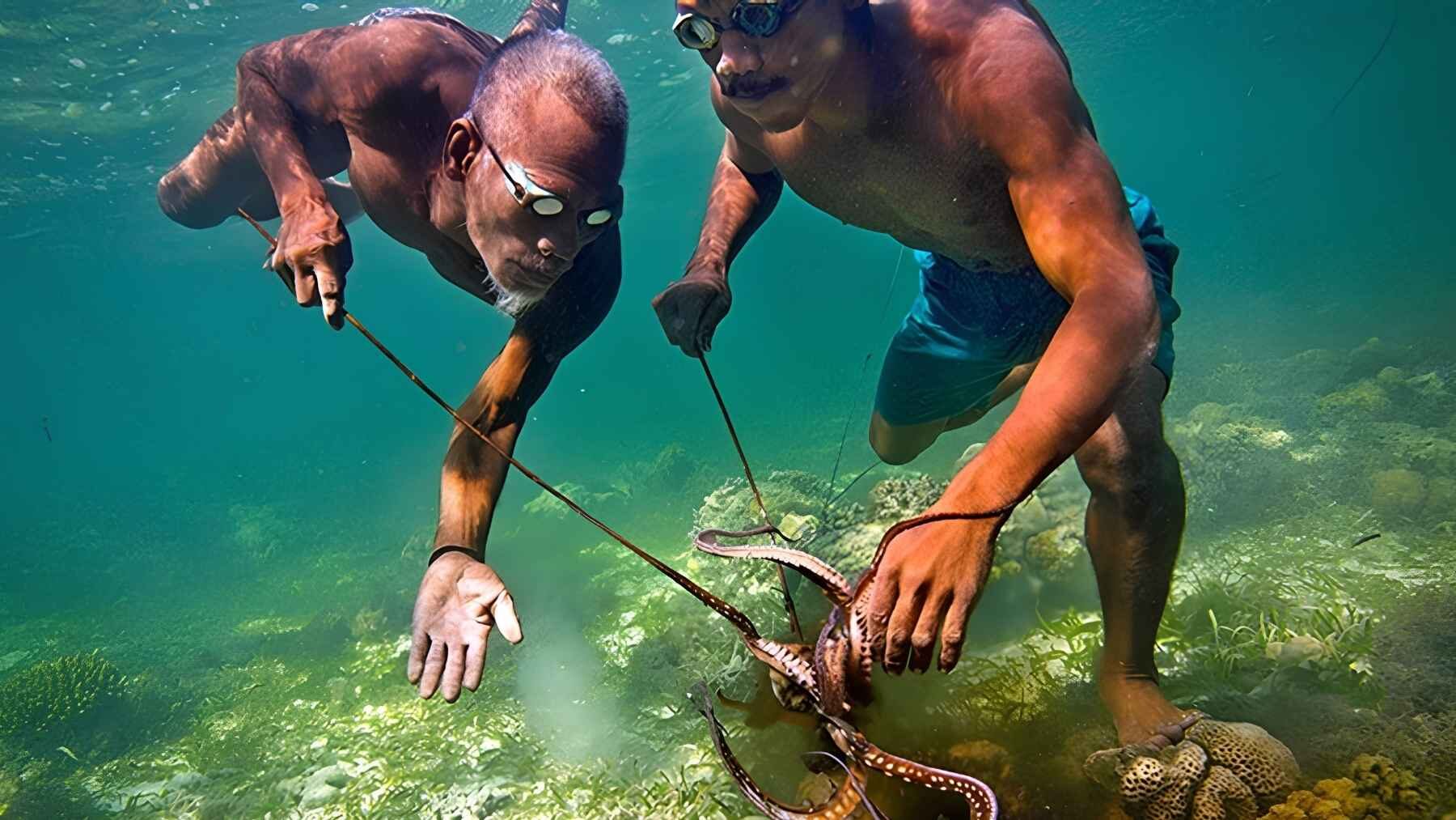 Bajau divers fishing underwater while holding their breath in Southeast Asia.