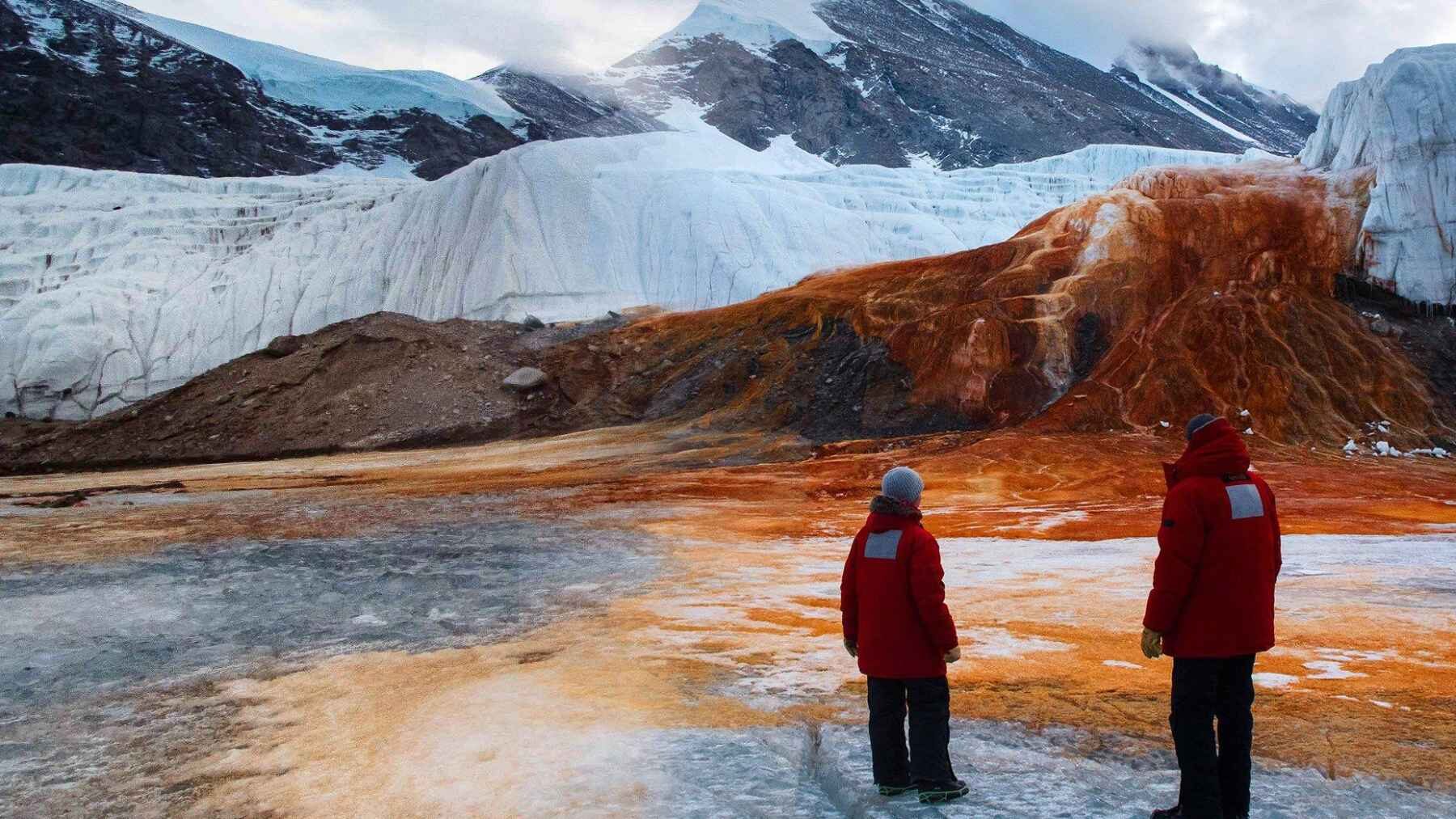 Researchers observe Blood Falls on Taylor Glacier in Antarctica, where iron-rich brine and active marine-derived microorganisms have been discovered.