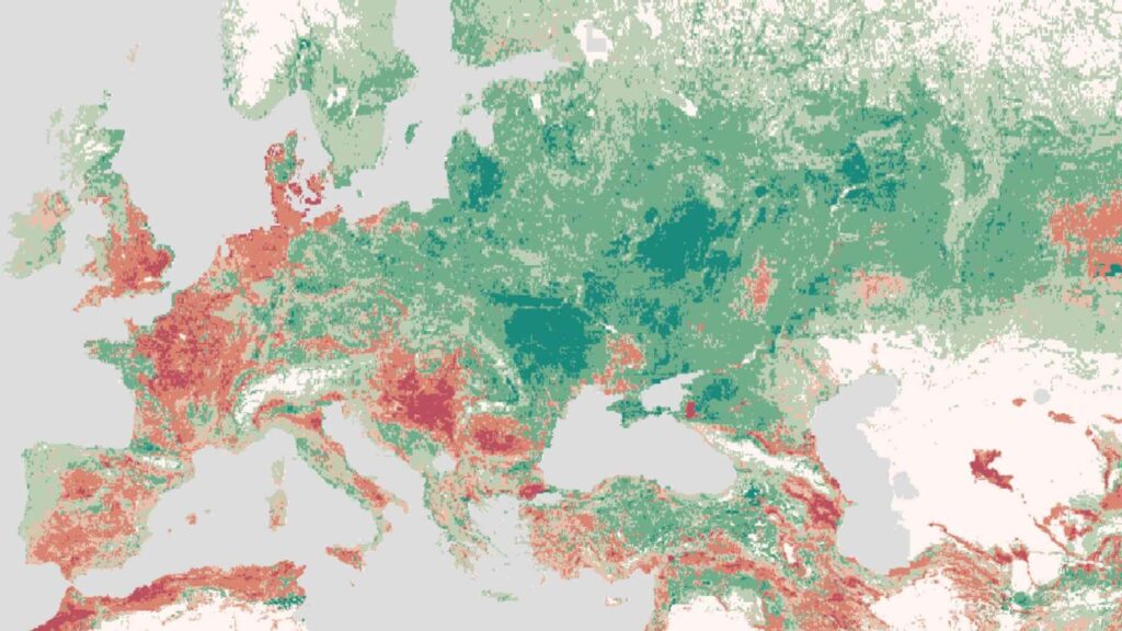 CADI map showing projected climate-driven agricultural productivity gains and losses across Europe.