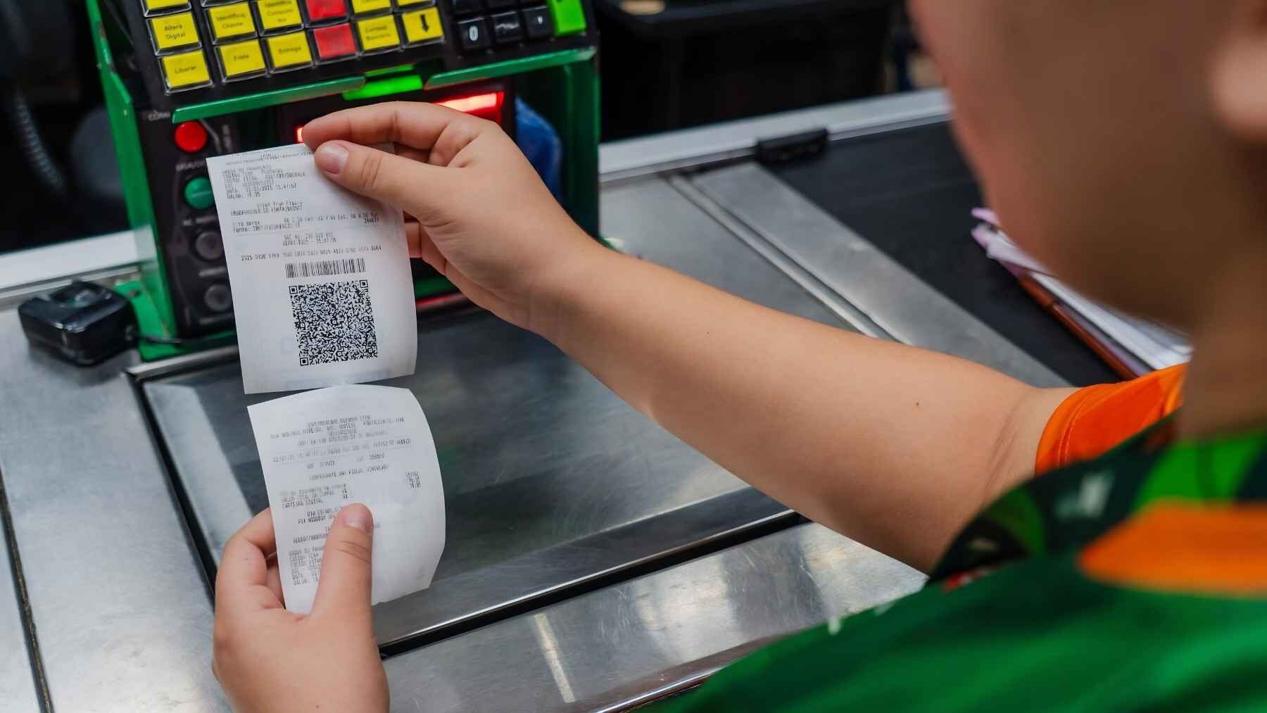 Retail worker handling thermal paper receipts at a checkout counter.
