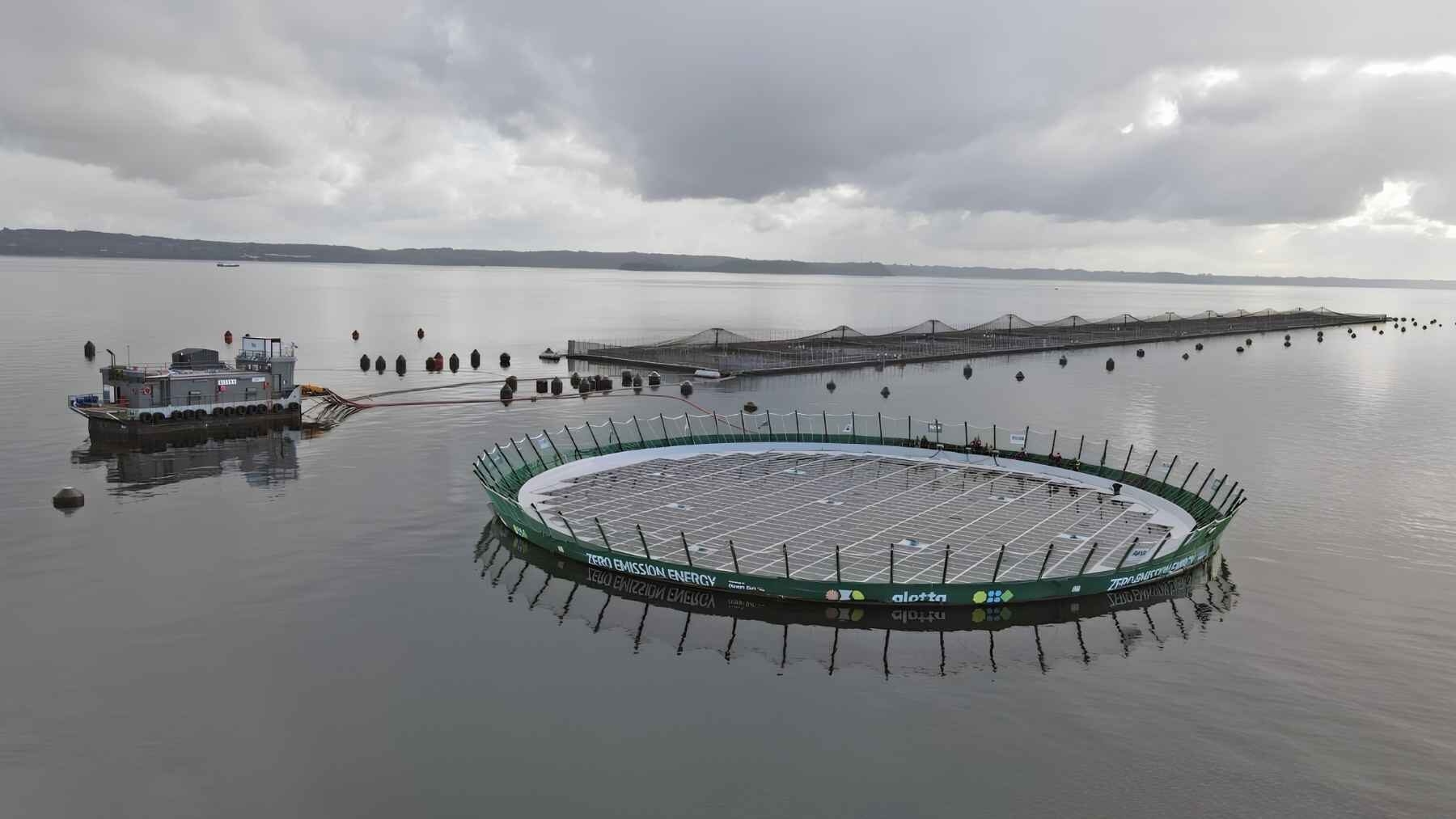 Floating solar panel system at a salmon farm near Huar Island in southern Chile.