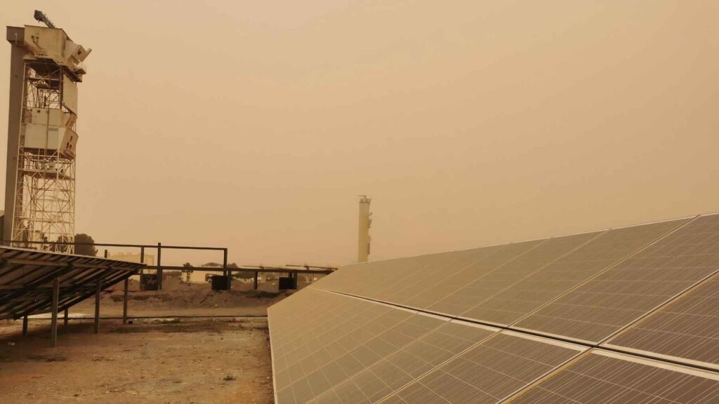 Solar panels coated with Saharan dust during a calima event in southern Spain.