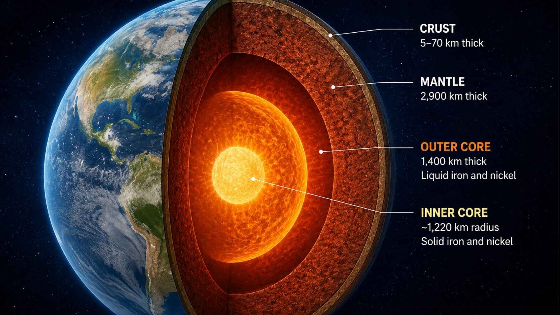 Cutaway illustration of Earth's interior showing the molten outer core, solid inner core, and magnetic field generated by liquid metal circulation.