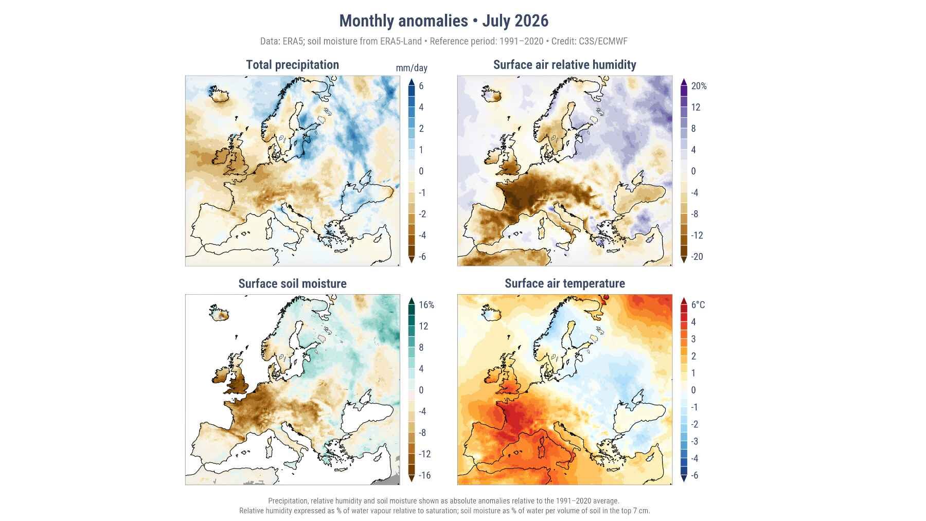 Copernicus maps showing precipitation, humidity, soil moisture and temperature anomalies across Europe in July 2026.