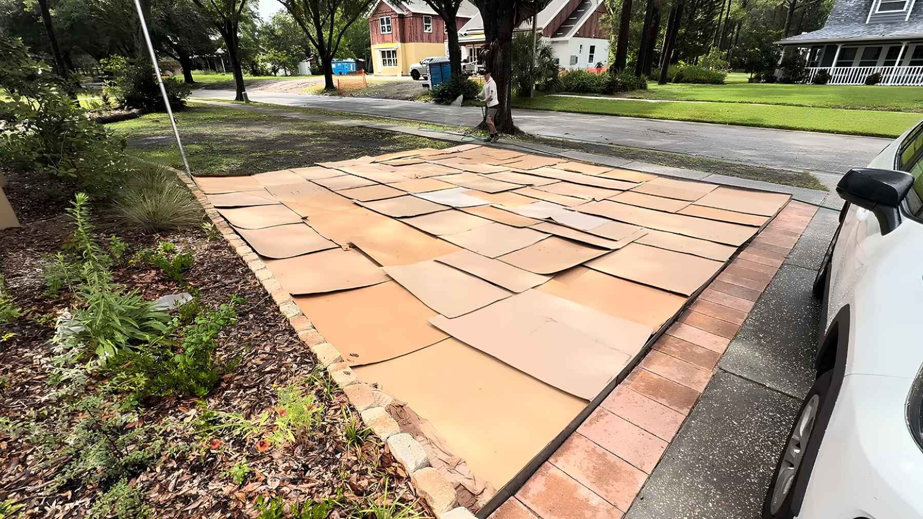 Cardboard sheets covering a Florida front lawn during a sheet-mulching garden transformation.
