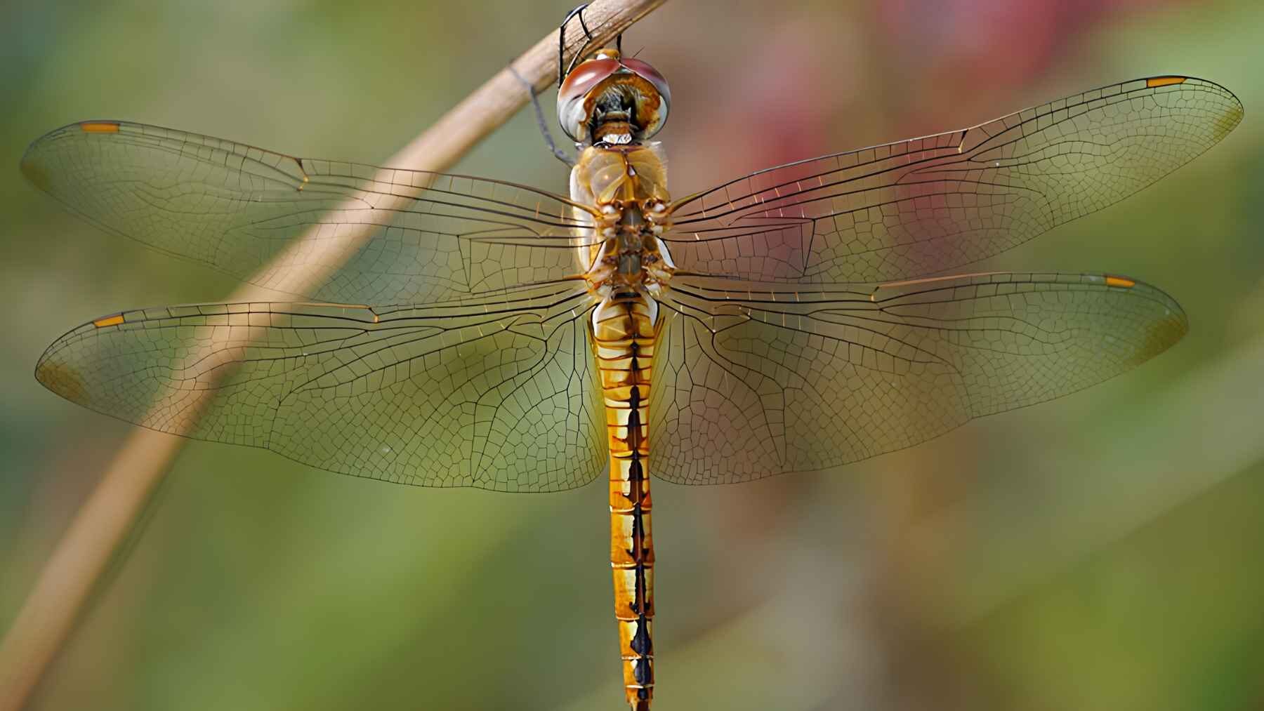 Globe skimmer dragonfly perched with its four wings fully extended.