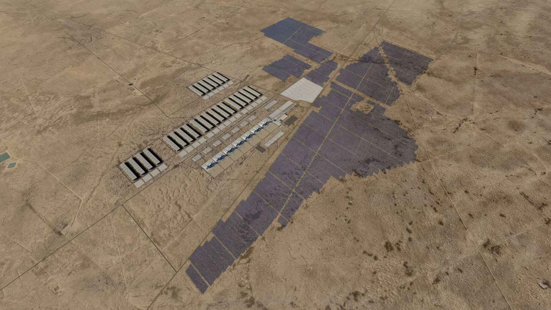 Aerial rendering of the planned GW Ranch energy project with solar arrays and power infrastructure in West Texas.