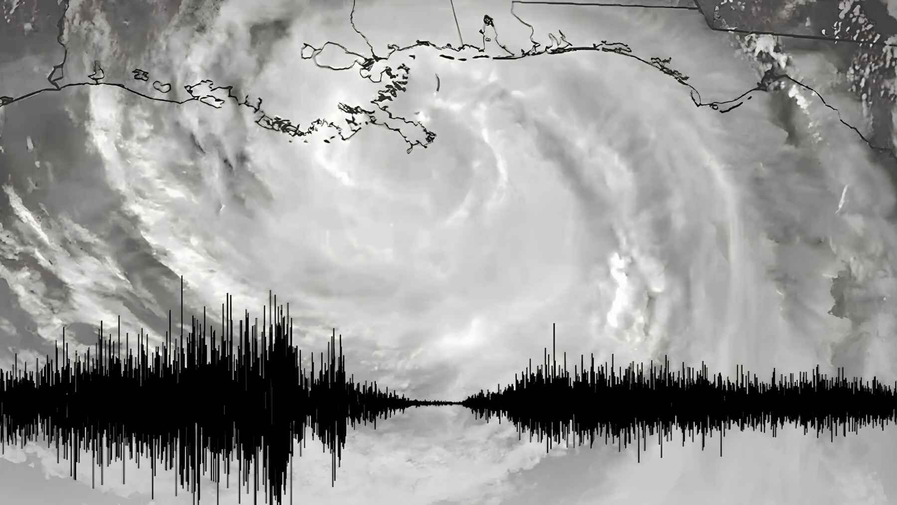 Hurricane Isaac making landfall in Louisiana in 2012 with a seismogram showing ground vibrations from the storm.