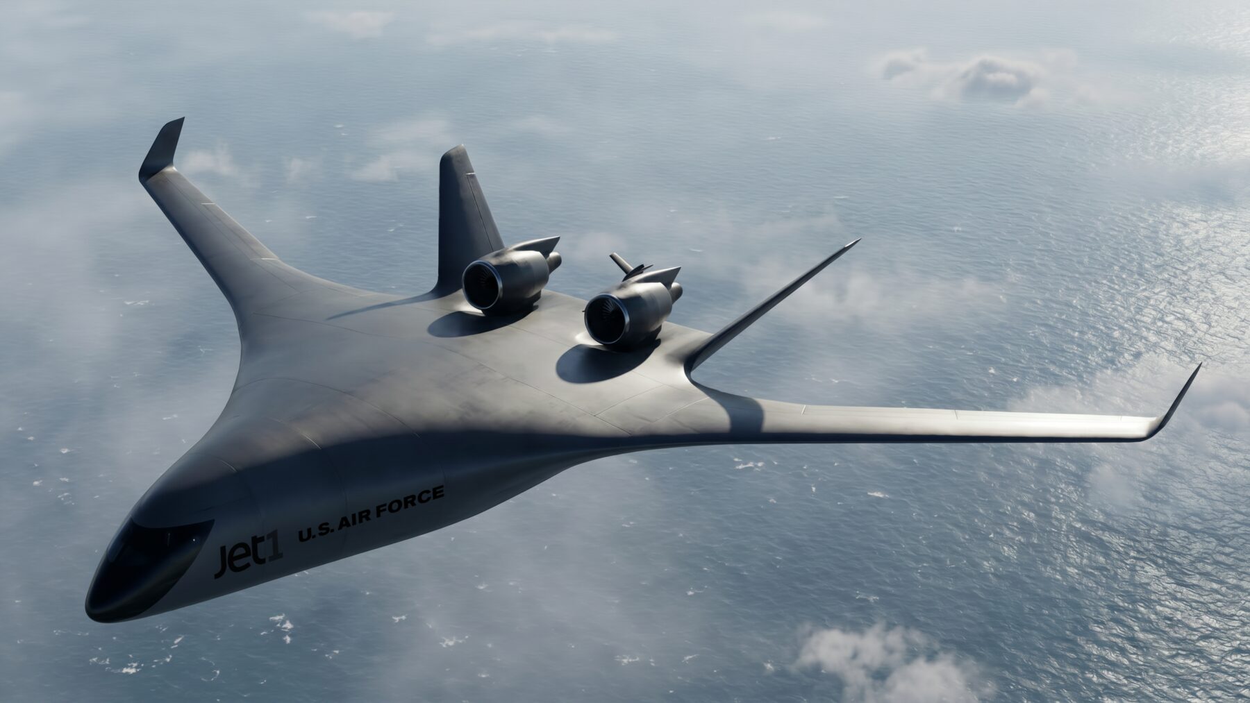 Render of JetZero's Jet1 demonstrator aircraft, marked U.S. Air Force, flying over the ocean