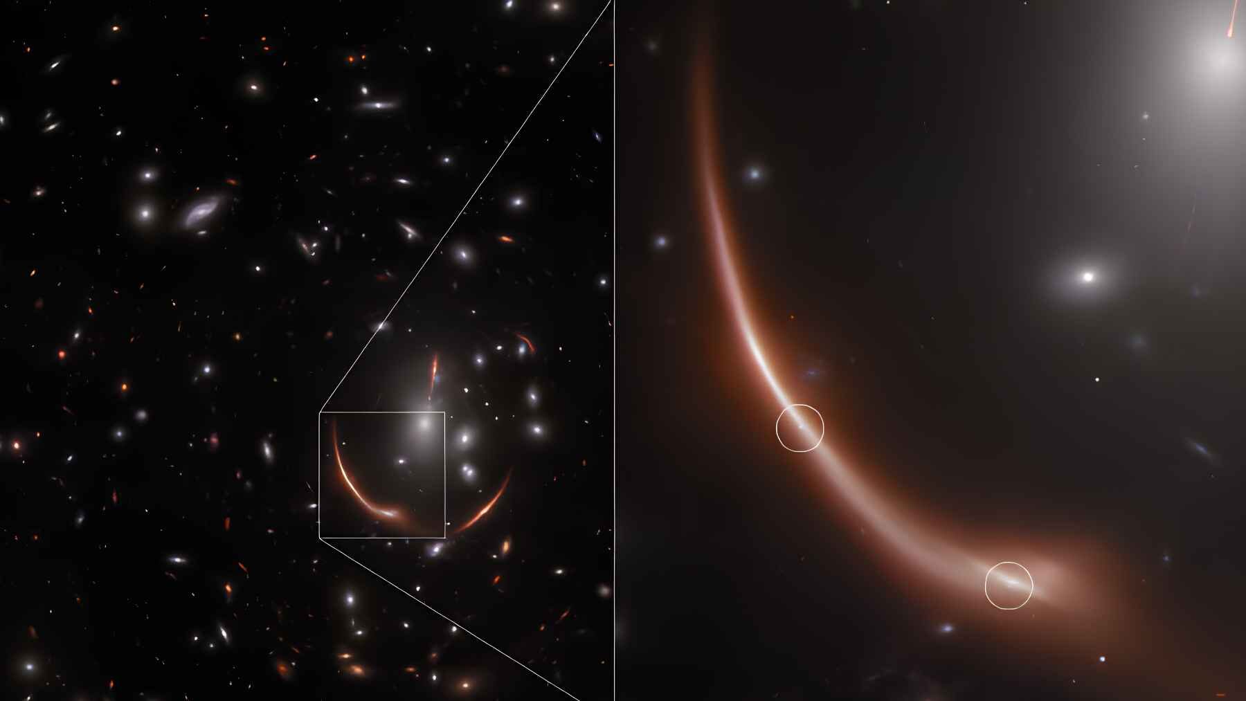 James Webb Space Telescope image of the lensed galaxy MRG-M0138 where astronomers measured a hidden supermassive black hole.