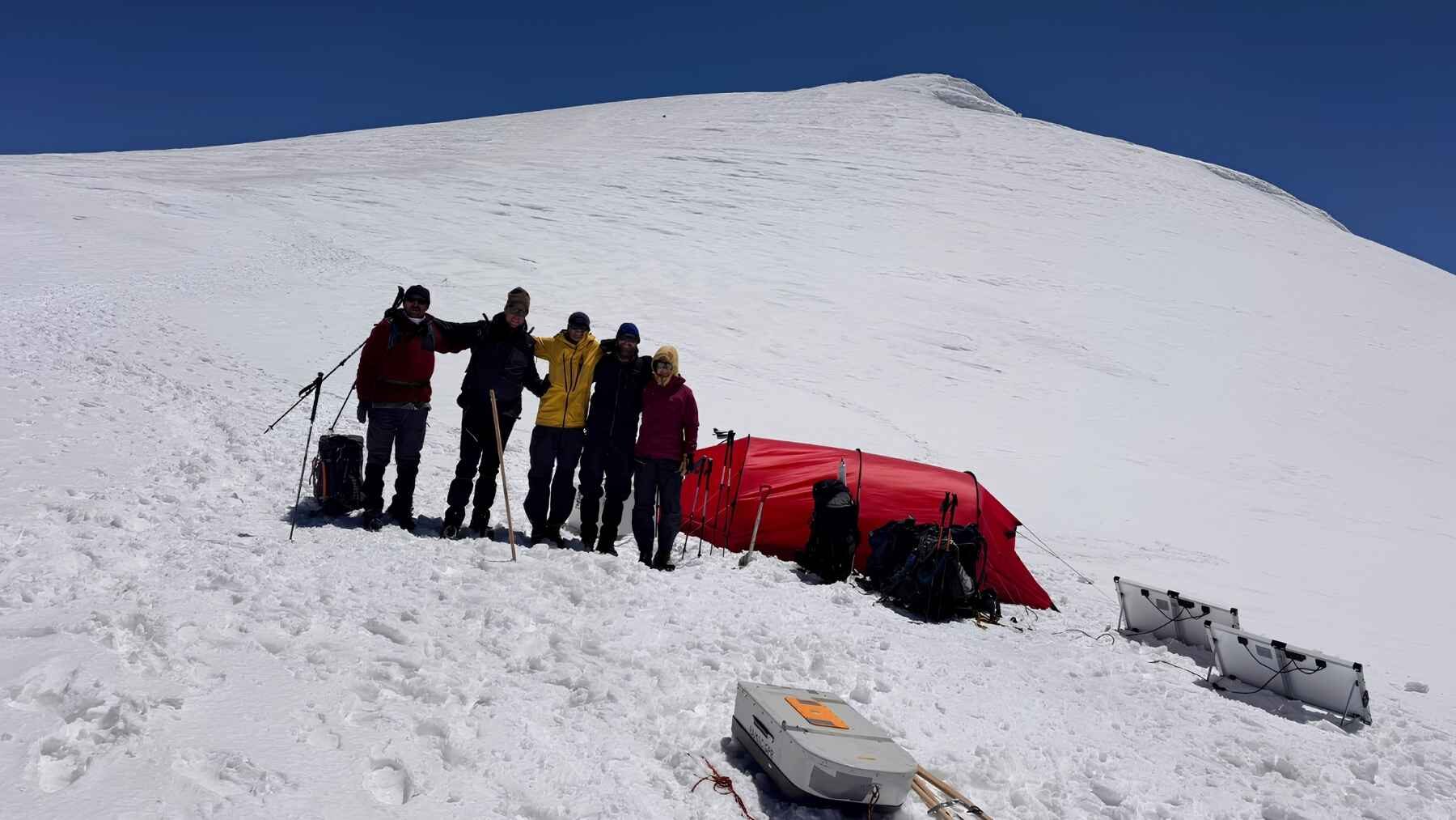Research team at their high-altitude camp on Mount Ararat's glacier at 5,050 meters.