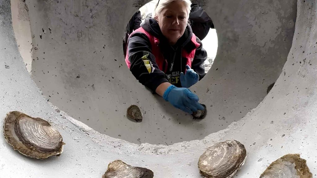 Researchers attach native oysters to the inside of a reef cube before deployment in the North Sea.