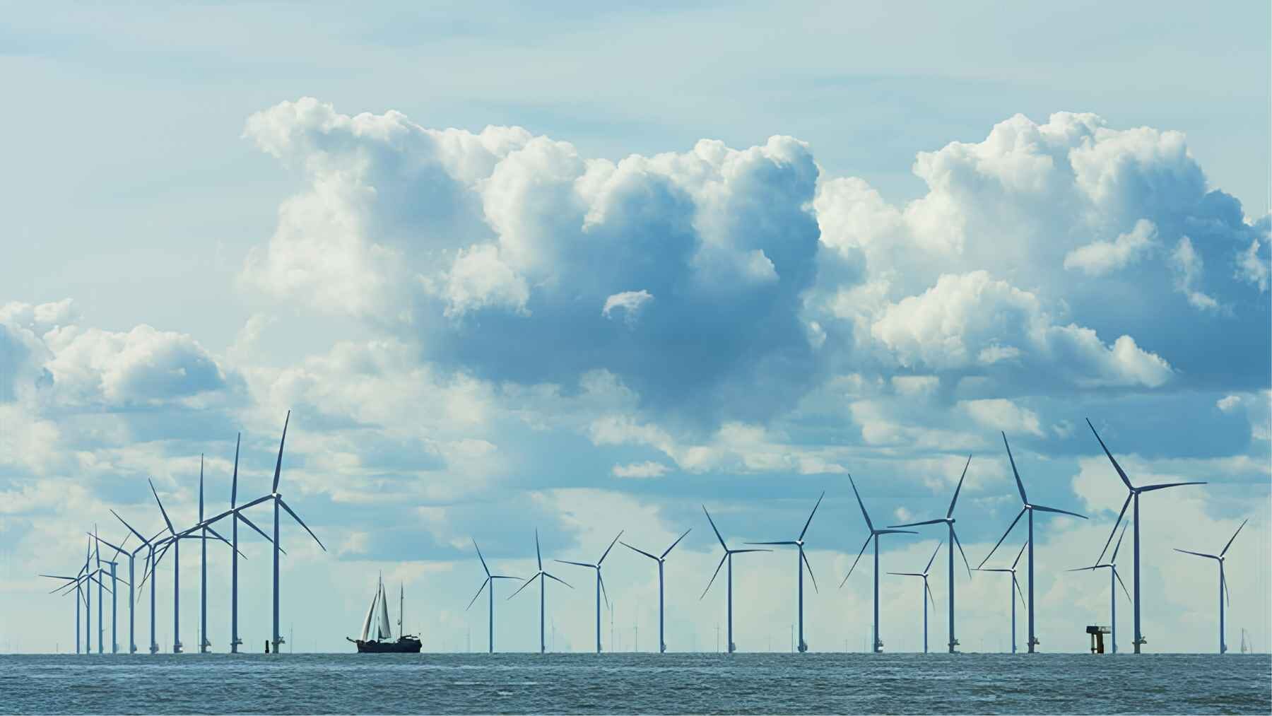 Offshore wind turbines stretch across the sea as a vessel sails near the wind farm.
