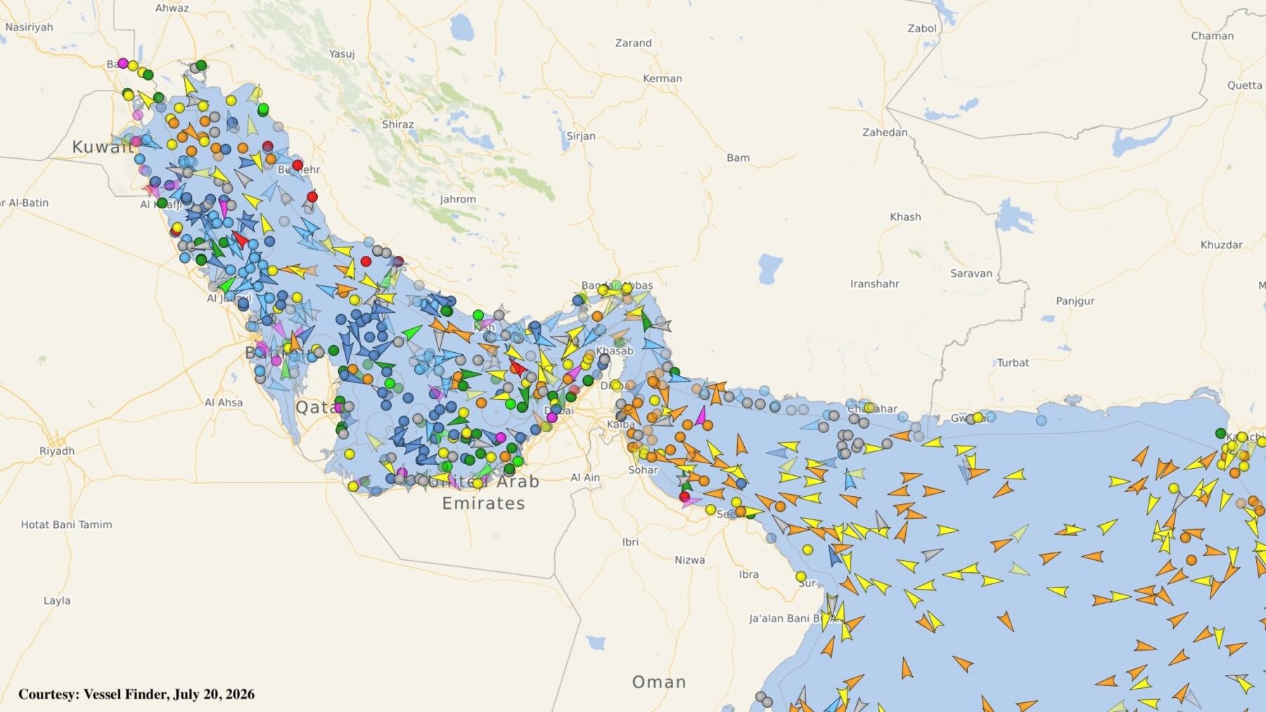 Map showing the positions of thousands of vessels tracked across the Persian Gulf and Gulf of Oman