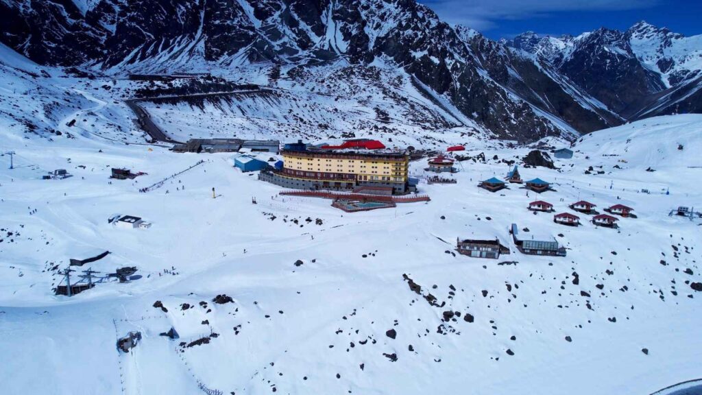 Portillo Ski Resort covered in fresh snow after powerful winter storms in the Chilean Andes.