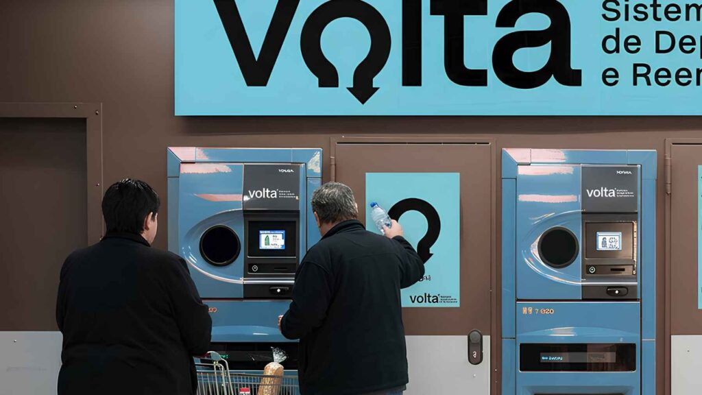 People returning refundable beverage containers at a Volta deposit-return kiosk in Portugal.