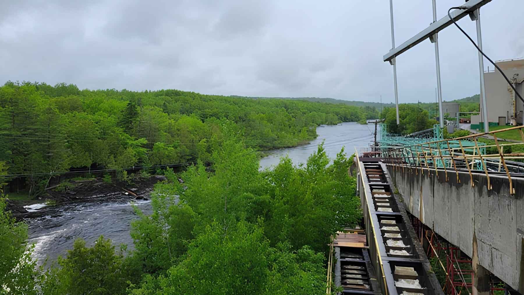 Fishway infrastructure beside a dam on the St. Croix River in Maine.