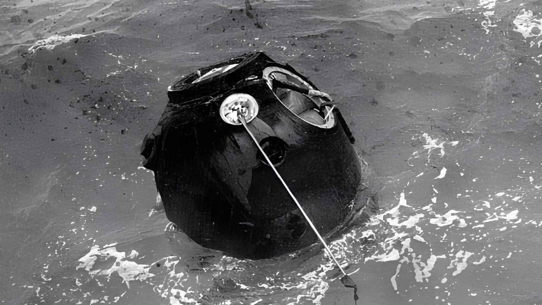 Zond 5 spacecraft capsule floating in the Indian Ocean after returning from its 1968 Moon flight.