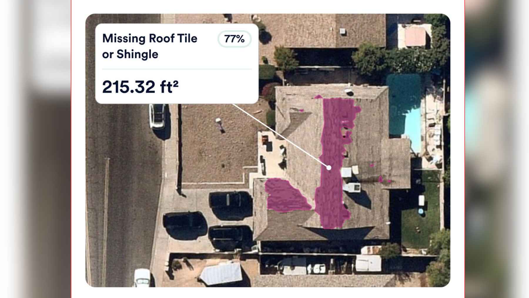 Aerial property image showing automated detection of possible missing roof tiles or shingles.