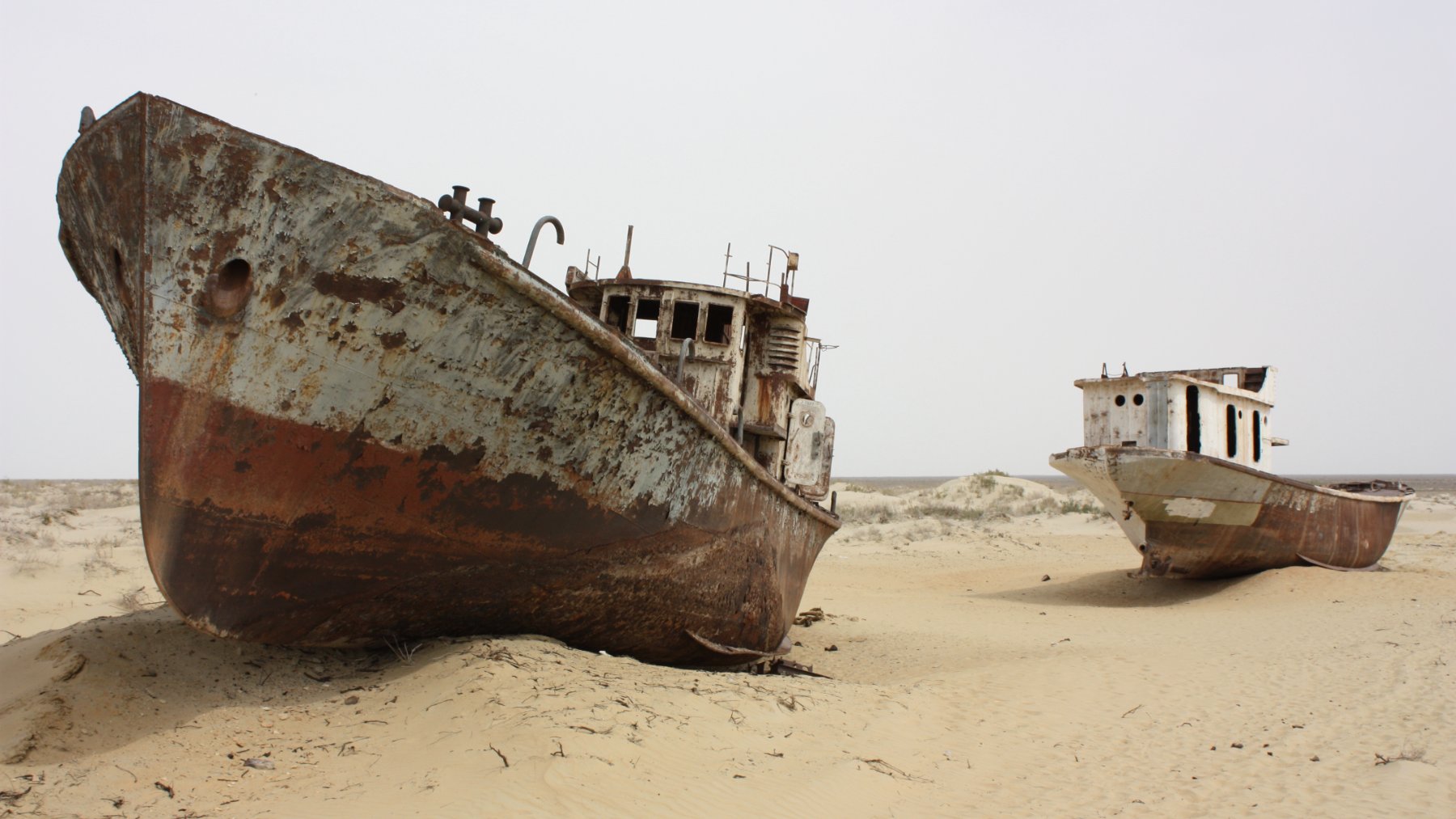 Rusting ships stranded on the dry bed of the Aral Sea near Moynaq, Uzbekistan