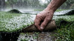 Hand lifting a piece of artificial turf during heavy rain, with water running off the plastic lawn