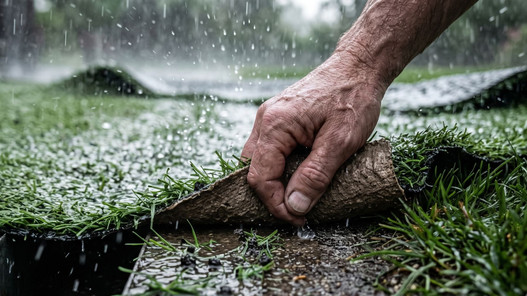 Hand lifting a piece of artificial turf during heavy rain, with water running off the plastic lawn