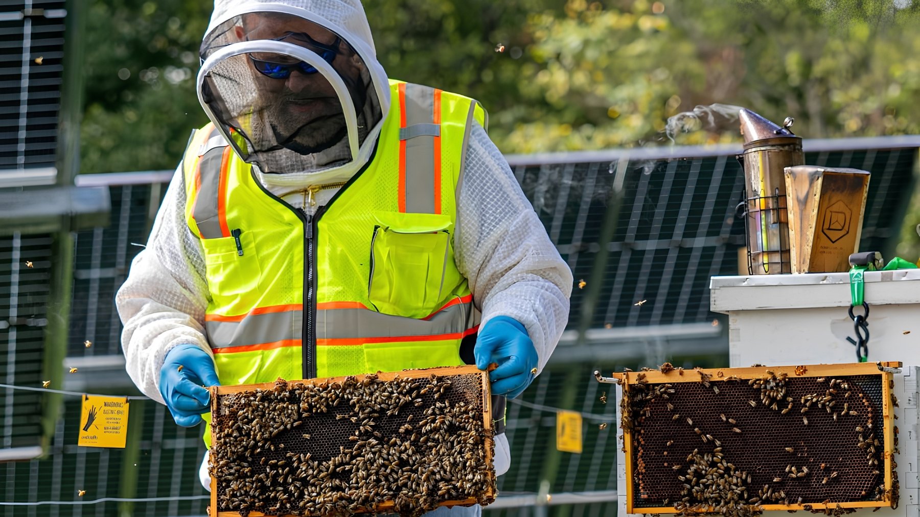 Beekeeper in a safety vest lifting two frames covered in honeybees beside a hive, with solar panels behind