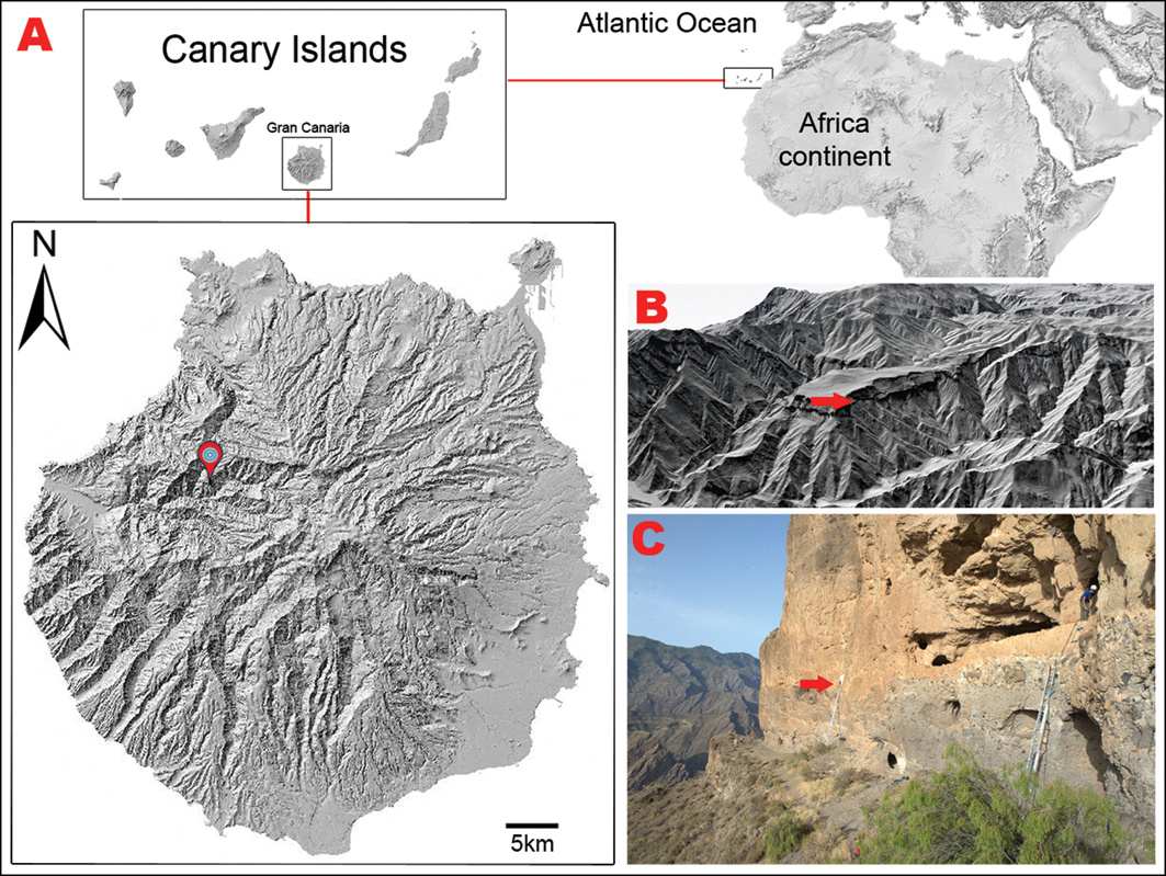 Maps and photo showing the location of the Cruz de la Esquina burial cave on the Acusa plateau, Gran Canaria
