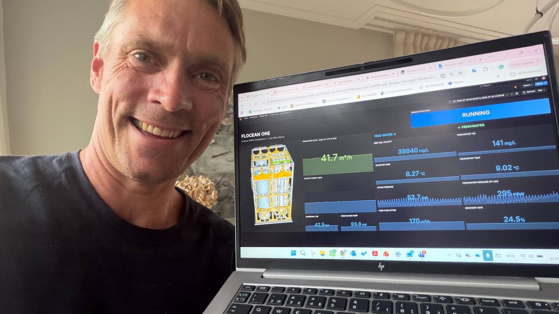 Flocean CEO Alexander Fuglesang monitors the Flocean One desalination pod remotely from the company's office in Oslo, Norway.