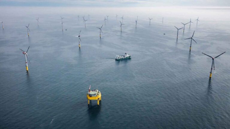 Aerial view of offshore wind turbines at the Global Tech I wind farm in the North Sea.