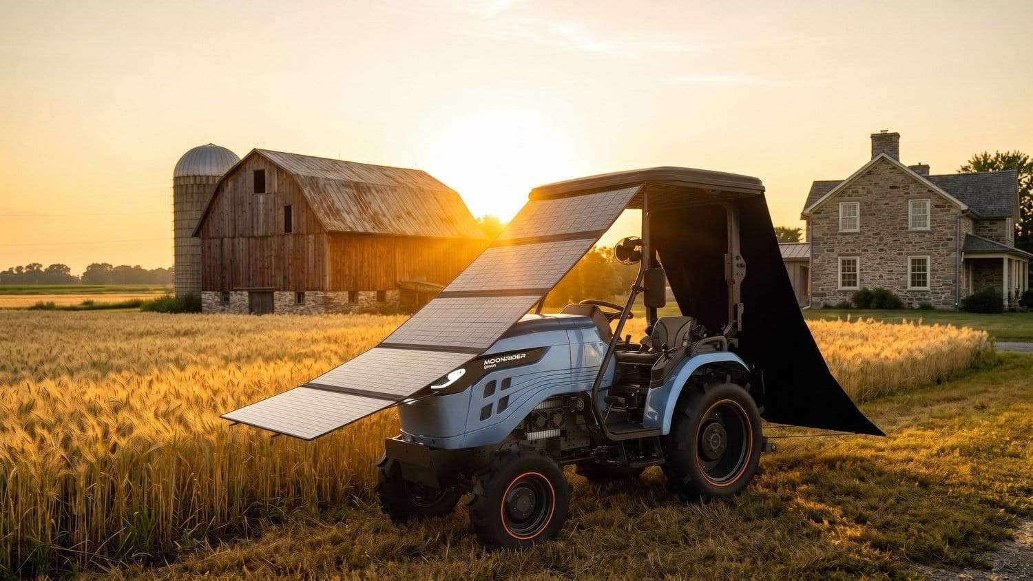GoSun Moonrider tractor charging from its solar canopy at sunset