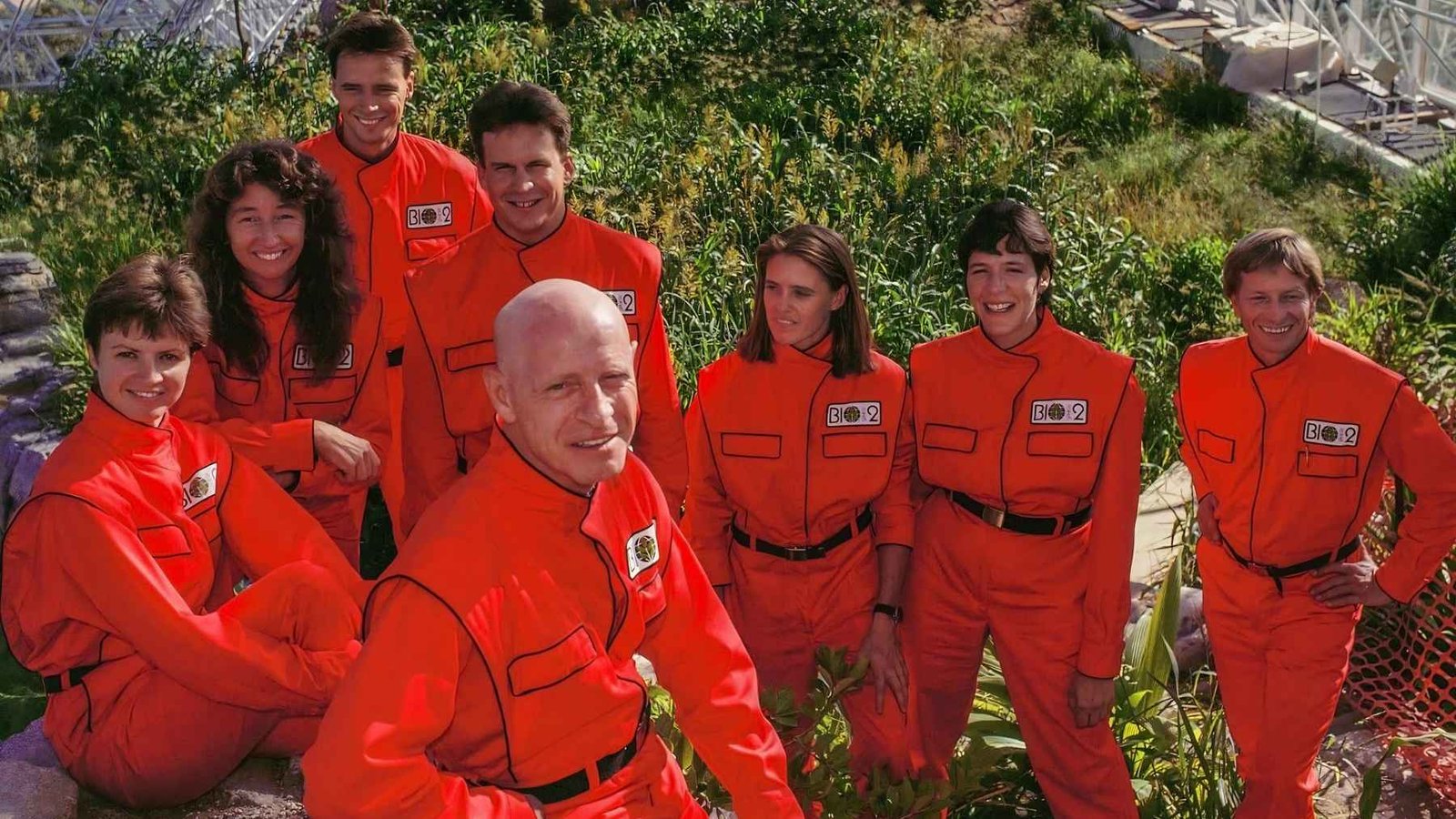 Eight Biosphere 2 crew members inside the closed ecological system in Arizona.