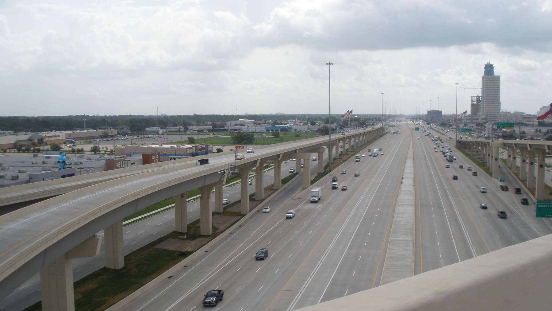 Interstate 10, the Katy Freeway, with its stacked managed lanes and frontage roads in Houston.
