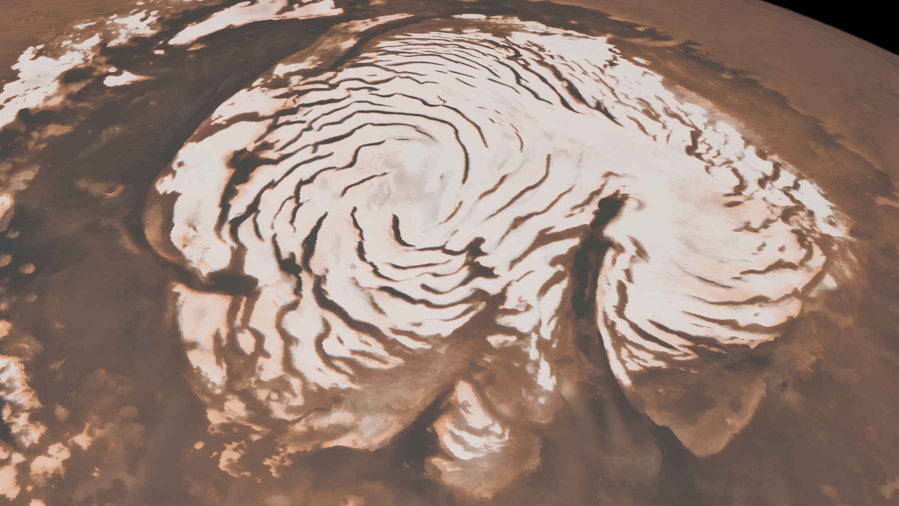 View of Mars' ice-covered south polar region, where radar observations have investigated a possible buried lake.