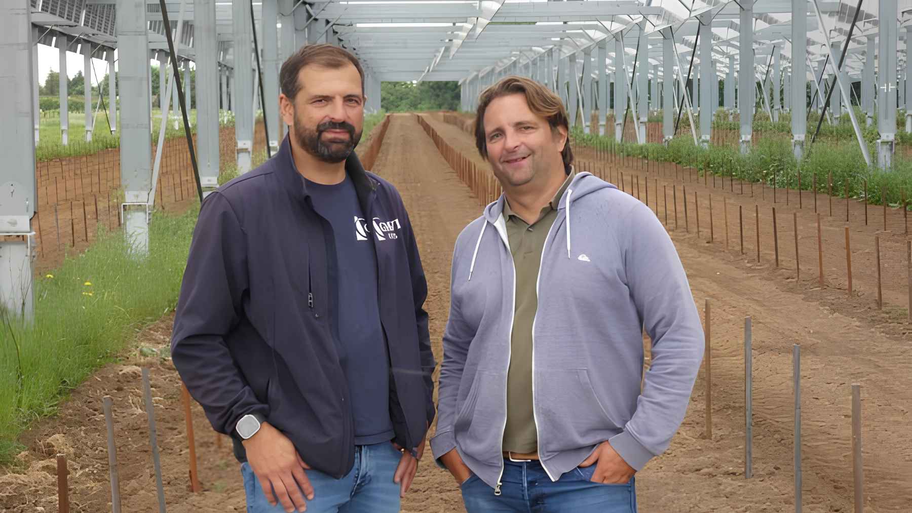Brothers David and Alexis Moreau standing beneath solar panels at their agrivoltaic vineyard in Saint-André-de-Lidon, France.